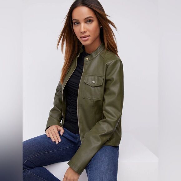 NY&C Faux-Leather Double-Pocket Full Zip Jacket Women's army green Small NWT - Picture 1 of 7
